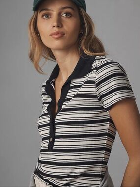 t.la for Anthropologie Short Sleeve Polo Knit Top in Black and White Stripe - S